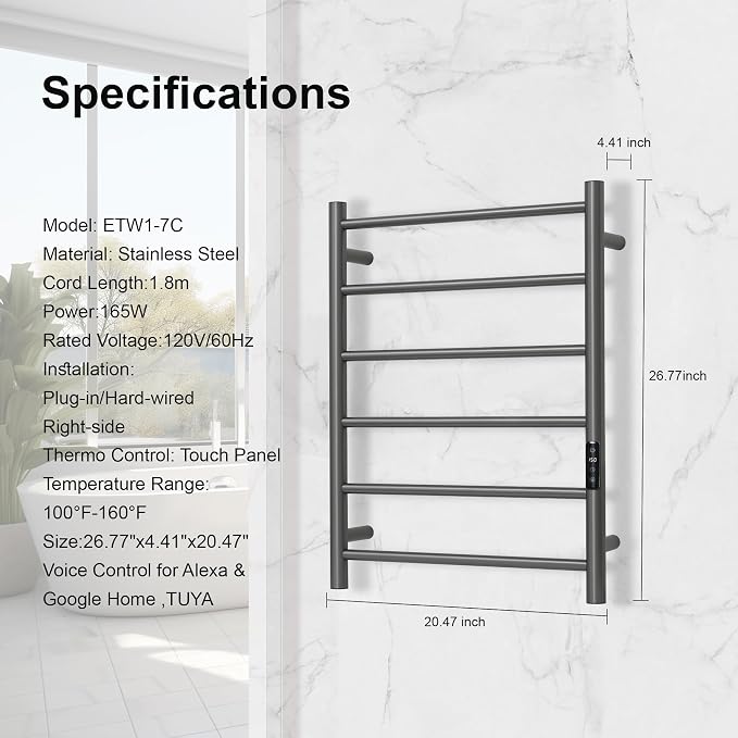 Electric Towel Rack with Voice Control for Alexa & Google Home,TUYA - Wall-Mounted Bathroom Heating Towel Warmer,Plug-in,Stainless Steel Material (Gungrey with WiFi, 6 Bar)