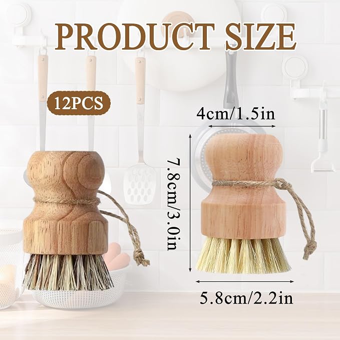 12 Pcs Bamboo Dish Brush Set, Palm Wooden and Sisal Bristles Dish Scrubber, Dish Brushes with Lanyard, Durable Wood Dishes Scrub, Natural Round Vegetable Cleaning Pots Pans Sink Washing Kitchen Brush