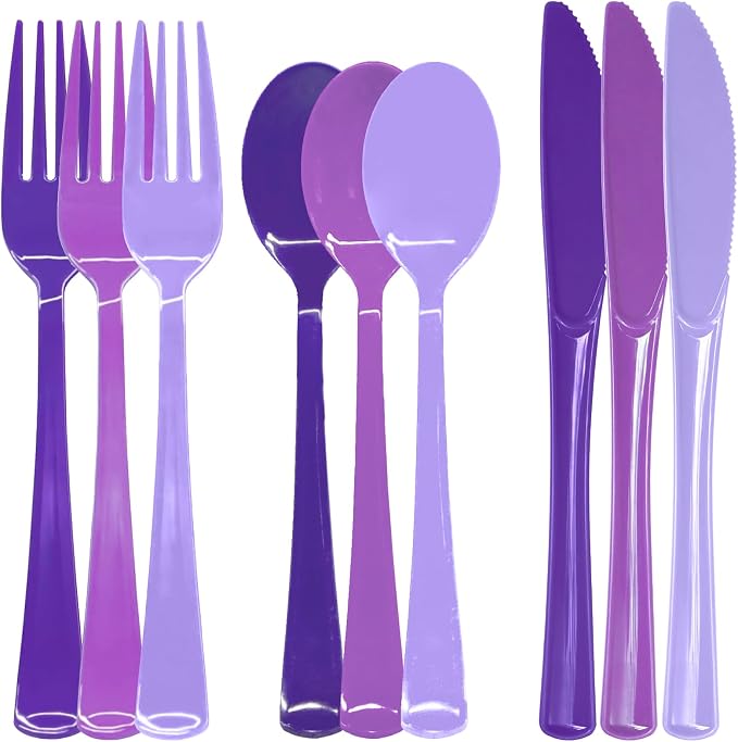180 PCS Purple Plastic Silverware Heavy Duty Purple Plastic Cutlery Set Disposable 60 Forks, 60 Knives, 60 Spoons for Birthday, Wedding, Picnic, Baby Shower