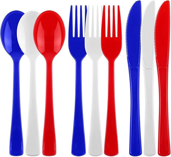 Kochorie 300 Pieces 4th of July Plastic Silverware, Heavy Duty Independence Day Cutlery Set, Disposable Plastic Utensils Includes Spoons Forks Knives for Memorial Day Veterans Day, Red Blue White