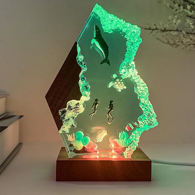 Scuba Diving Resin Night Light, USB Powered Resin Ocean Lamp with Wooden Base, Variable Lights,Whale Shark Decor for Home Office, Shark Gifts for Ocean Enthusiasts, Christmas Day,Birthday(L 12"x8")
