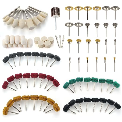 103 PCS Polishing Kit Compatible with Dremel Tools, 1” Mini Wire Brush Bits for Rotary Tool Accessories, Abrasive Buffing Wheels 120-800 Grit, 1/8 in Shank, Small Sanding Kit for Metal, Resin, Wood