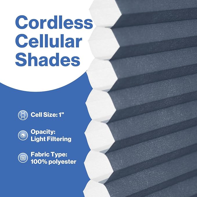 No Drill Cellular Shades, Dark Blue Custom Size Cordless Light Filtering Pull Down Pleated Honeycomb Blind Thermal Insulated Easy Install for Indoor Window Bedroom Living Room Kitchen Door