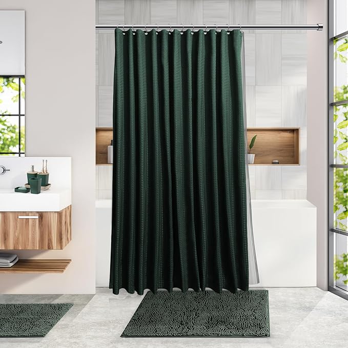 Clara Clark Bathroom Accessories Set - Bathroom Set with Adhesive Corner Shower Caddy Hanging, 25PC Bathroom Accessory Set, Hunter Green Shower Curtain Set, Toilet Brush, Trash Can & Soap Dispenser