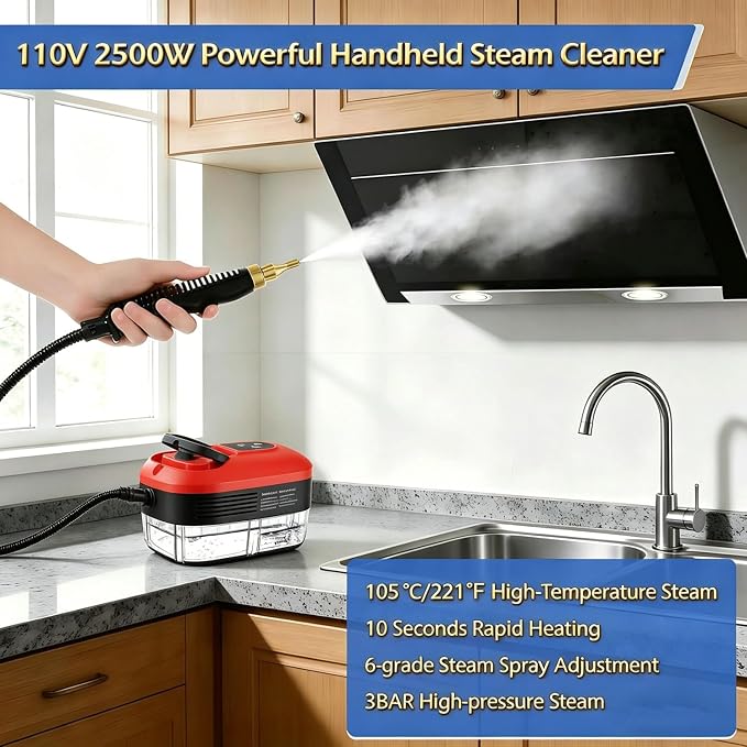 Handheld Steam Cleaner, 2500W Portable Steamer 10-Second Heat Up, 6 Adjustable Steam Levels & 36oz Tank – Includes Attachments for Floors, Windows(Red-Dual Control (Upgraded Touch Control))