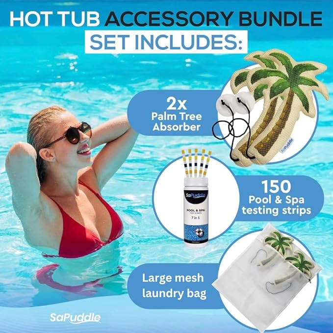Premium Pack of 2 Hot Tub Scum Absorber for Swimming Pools with 150 Water Test Strips - Pool Scum Absorber for Spa Hot Tubs - Washable Scum and Oil Absorbing Sponges for Pools Sponge Oil Absorber