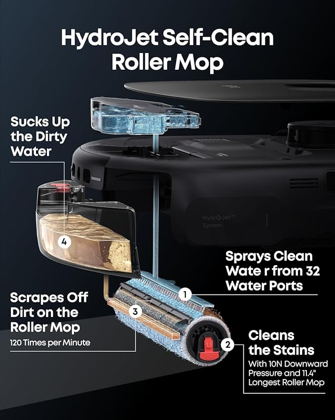 eufy Certified Like-New Robot Vacuum E28, Portable Deep Cleaner for Carpet, HydroJet System with Roller Mop, All-in-One Robot Vacuum and Mop Combo, Corner-to-Edge Cleaning (Renewed)