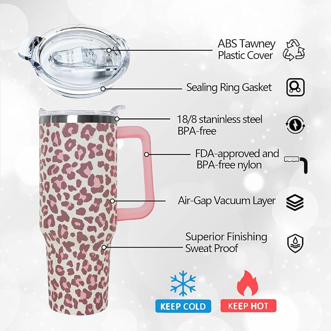 Ceovfoi 40oz Pink Leopard Tumbler with Handle Lid Straw, Insulated Coffee Mug Water Bottle, Leopard Print Decor Gifts for Women
