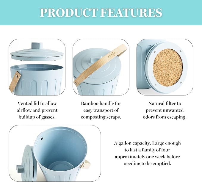 Martha Stewart Indoor Compost Bin Starter Bundle | Countertop Composting Bucket for Kitchen | .7 Gallon Capacity | Includes 6 Filters and Silicone Liner Bag | Plant Based Materials | Sage Green