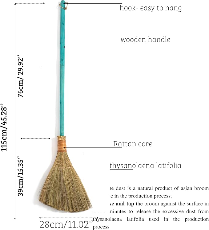 Vietnamese Straw Soft Broom - Sweeping Broom with Green Wooden Handle for Cleaning, Decoration, Wedding with 45.28inch Length