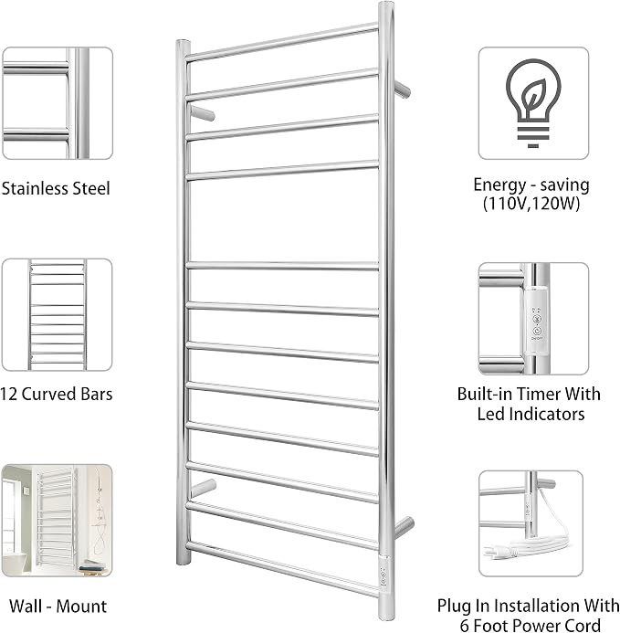 KEG Towel Warmer Wall Mounted with Built-in Timer 12 Bars Electric Stainless Steel Heated Towel Racks for Bathroom, Hot Plug-in Bath Towel Heater Polish Chrome