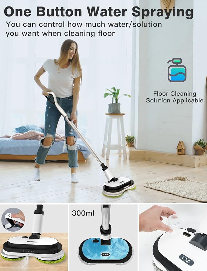 Eous Cordless Electric Mop, Self-Propelled Floor Cleaner with LED Headlight and Water Sprayer, Dual Motor Spin Scrubber, Detachable Battery, 300 ml Tank for Hardwood Tile Laminate Vinyl