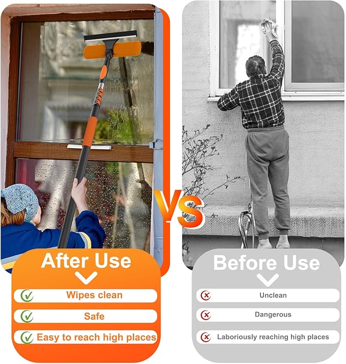 LAANPOLE 4FT Window Squeegee with Extension Pole, 2-in-1 Squeegee for Window Cleaning, Professional Cleaning Kit for Home with 4FT Telescoping Pole for Outdoor Indoor Use