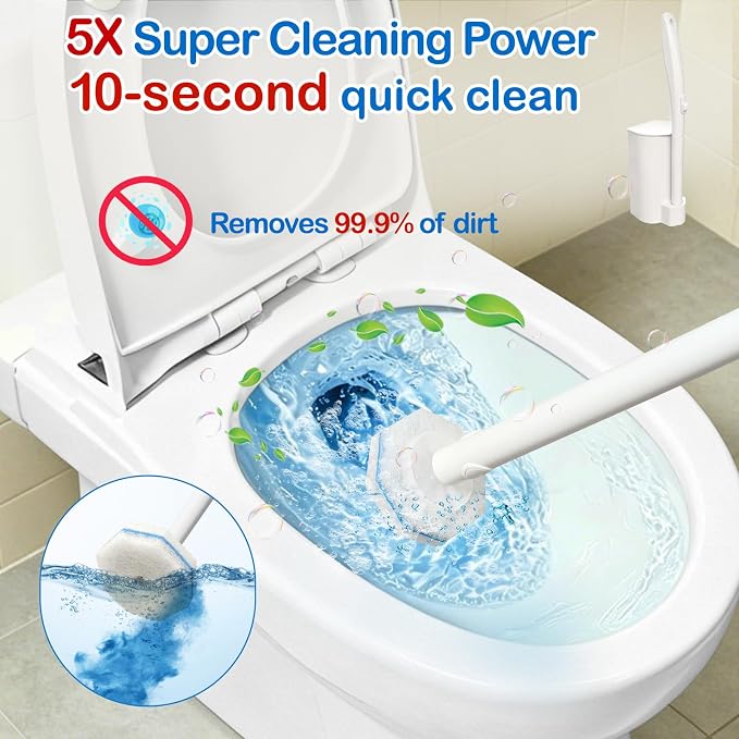 Disposable Toilet Brush and Holder Set, 60 Pre-Filled Refills, 5X Powerful No-Shed Pads, 360° Deep Toilet Bowl Clean, Toilet Bowl Cleaners with Storage Caddy & Adhesive Hooks