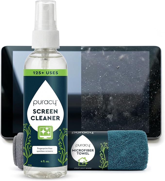 Puracy Screen Cleaner with Microfiber Cloth – All Purpose Phone, Laptop, Computer, TV Car Display Cleaner, Streak-Free and Fingerprint-Free (4 oz, Free & Clear)