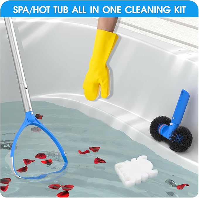TidyMister 5-in-1 Spa Cleaning Set - Hot Tub Small Pools Maintenance Accessories Kit - Skimmer Net, Round Brush, 2ft Pole, Scrub Glove and Scum Absorber