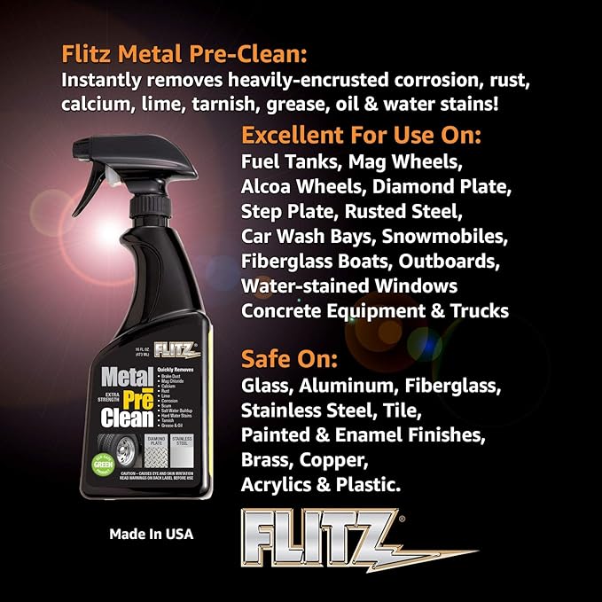 FLITZ Metal Pre-Clean - 16oz of USA-Made Stainless Steel Cleaner Spray - Works on Aluminum, Brass, Copper, & More - Tarnish, Rust Remover for Metals - Non-Abrasive Aluminum Deoxidizer (1 Pack)