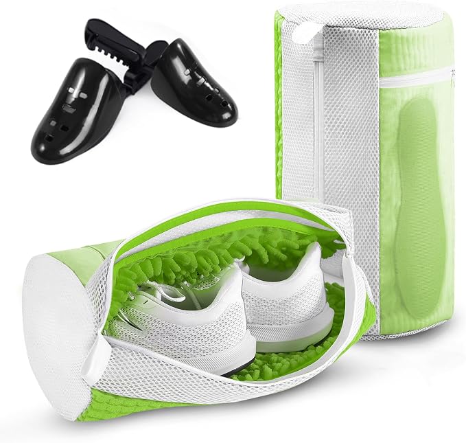 Shoe Bag for Washing Machine and Dryer - 2PCS XXL Reusable Shoe Laundry Bag with Shoe Tree - Chenille Microfiber 360°Deep Cleaning Bag for Sneakers Tennis Delicate Shoes - Green 15.35 × 7.5 Inches