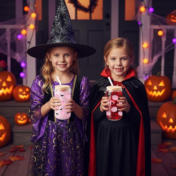 Sliner 2 Pcs Halloween Glass Cups Pink Pumpkin Bat Drinking Tumbler Fall Thanksgiving Gifts 16 oz Cute Iced Coffee Cup with Lid Straw Cleaning Brush for Autumn Home Office Holiday Decorations