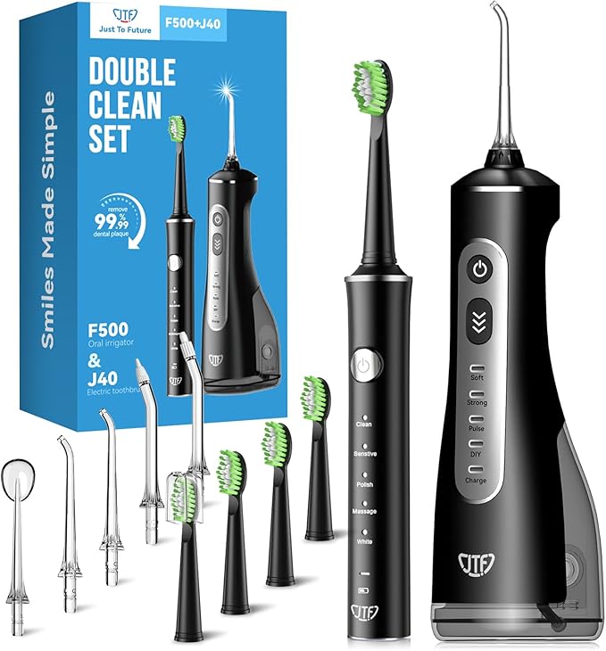 JTF Electric Toothbrush with Water Flosser Combo: 2-in-1 Portable Oral Clean Kit for Effective Yet Gentle Brushing & Flossing, Multiple Modes for Braces & Sensitive Gums Care, Cordless for Home Travel