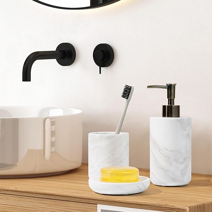 WORHE Bathroom Accessories Set Italy Natural Marble Bathroom Decor Set 3-Piece Bath Accessory Kit with Toothbrush Holder Liquid Soap Dispenser and Sponge Dish Tray Set Color White (WH054)