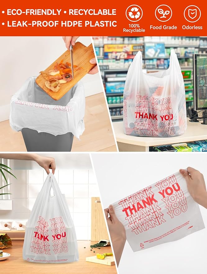 UMT Plastar 1000 Count White Thank You Plastic T-Shirt Bags with Handles, 10.5" x 5.5" x 17.5" (1/8 Size), 14 Mic Grocery Bags for Retail, Shopping, Takeout, Convenience Stores & Small Trash Bags