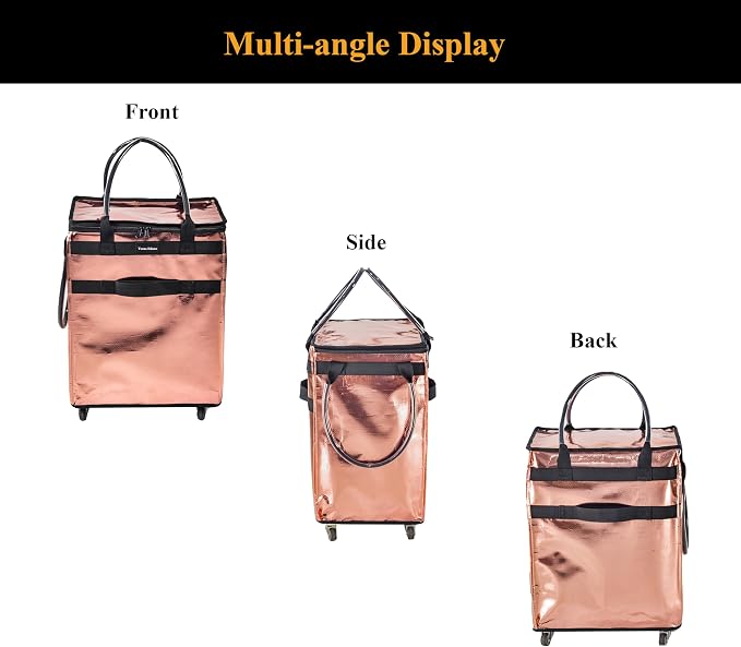Reusable Grocery Bag On Wheels Large Capacity Shopping Trolley Foldable Rolling Tote Bag with Heavy Duty Handle for Travel (Rose Gold, Medium)