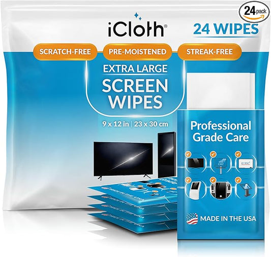 iCloth XL Screen Cleaning Wipes, Lint-Free and Streak-Free, Fast-Drying, Removes Dust, Fingerprints, and Smudges (24 XL Wipes)