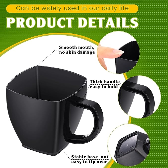 Amyhill 50 Pcs 5 oz Disposable Tea Cups Bulk with Handle Mini Hard Plastic Coffee Mug Square Disposable Espresso Cups for Tea Party Wedding Catering Dessert Sampling (Black)