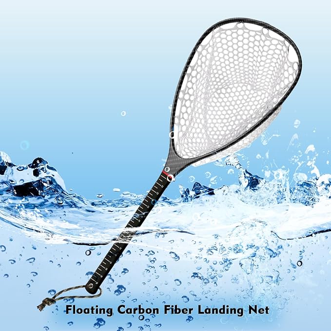 Riverruns Fly Fishing Landing Net Carbon Fiber Trout Net with Measurement Handle, Soft Rubber Mesh - 26" Standard (Wading) / 37" Long (Kayak)