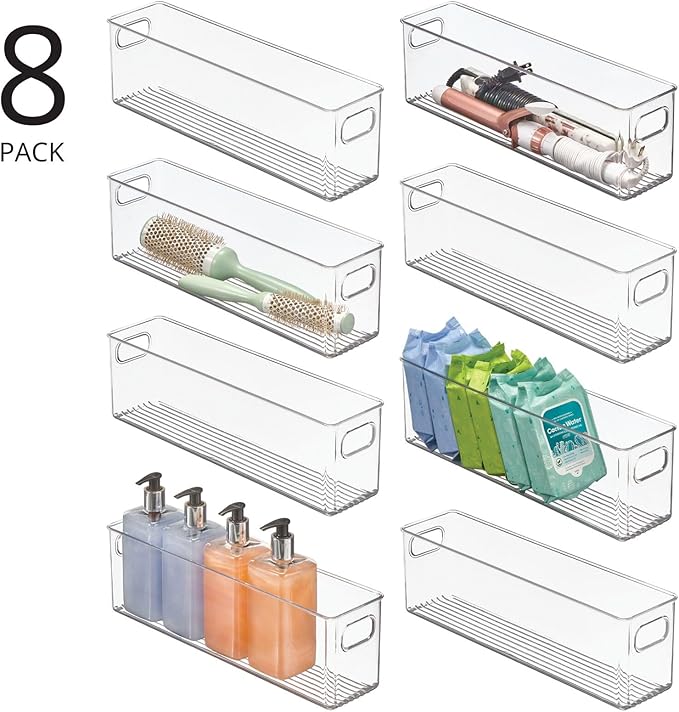 mDesign Plastic Bathroom Storage Container Bins w/ Handles - Closet, Cabinet, Vanity, Cupboard Shelf Organization, Hair Tools Accessory Organizer - Ligne Collection; Clear, ‎5x3.75x16 (Pack of 8)