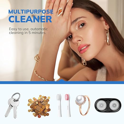 LifeBasis Ultrasonic Jewelry Cleaner, Portable Ultrasonic Cleaner 7.4 OZ (220ML) 42kHz Ultrasonic Retainer Cleaner Machine for Denture Retainer Aligner Jewelry Coins - White