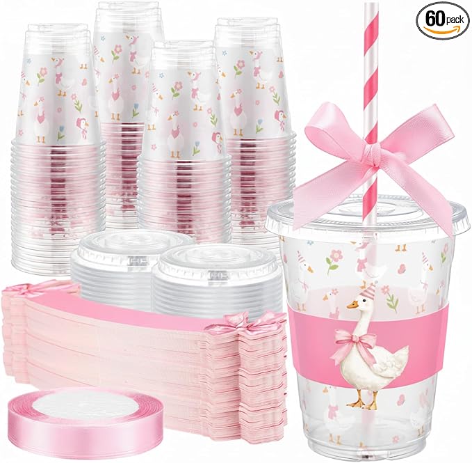 Jingmore 60 Sets Plastic Cups Bulk 12 oz Plastic Disposable Cups with Lids Sleeves and Straws Smoothie Clear Drink Disposable Party Favor Holiday Birthday Wedding Party Supplies(Silly Goose)