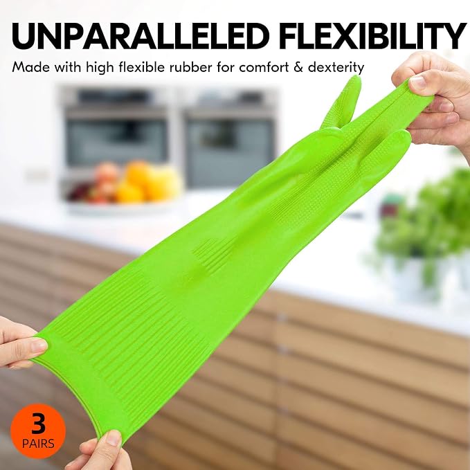 Vgo... 3-Pairs Dishwashing Gloves - Reusable Household, Kitchen, Long Sleeve, Thick Latex, Cleaning, Washing, Working, Painting, Gardening, Pet Care (Size S, Green, RB2143)