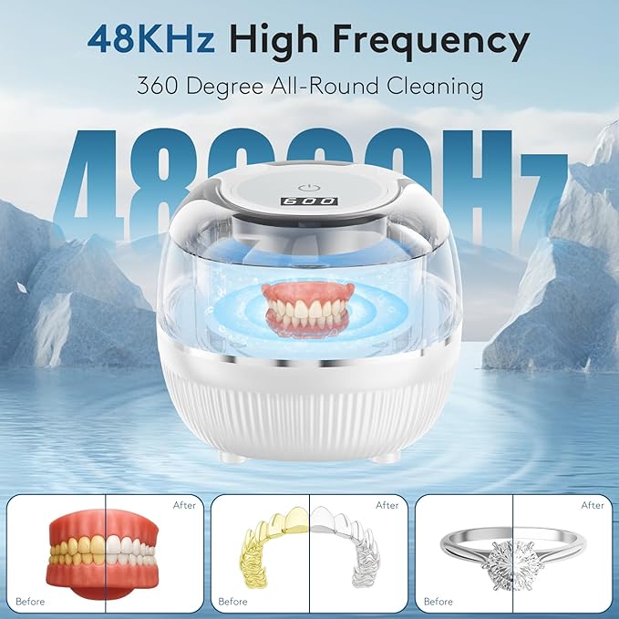 Ultrasonic Retainer Cleaner Machine, 48kHz Dental Cleaning Pod for Night Guards, Mouth Guards, Aligner, Braces, Toothbrush, Jewelry, Ultrasonic Dentures Cleaner with Digital Timer, 220ML, White