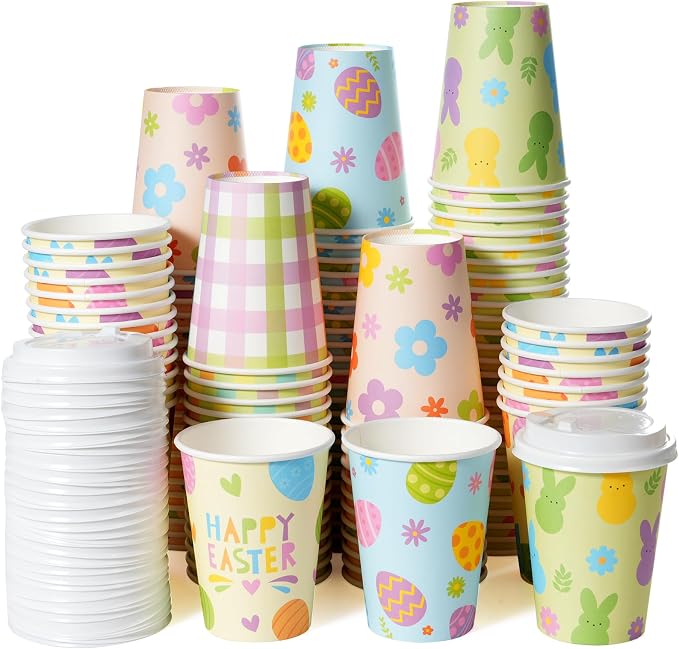 Pascliyna 100 Set Easter Disposable Coffee Cups with Lids, Bulk 12oz Colorful Eggs Paper Cups, Happy Easter Coffee Cups for Hot Chocolate Cold Drinks Spring Holiday Party Supplies Decorations