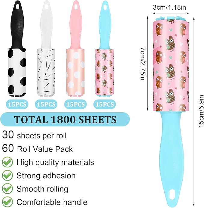 60 Pcs Mini Lint Roller for Travel, Small Lint Roller Travel Size with 30 Sheets Each, Compact & Portable for Pet Hair, Clothes, Furniture, Car Interior, 5.9 x 1.18 inches