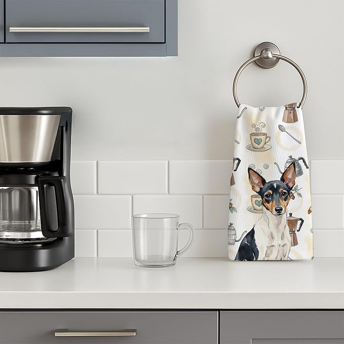 Caroline's Treasures Toy Fox Terrier Coffee Bar Kitchen Towel Velour Plush Front and Cotton Loop Back Machine Washable