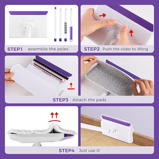 wlich Baseboard Cleaner Tool with Handle 2.0, 60" Extendable Long Handle, Dust Trapping and Locking, 5 Reusable Pads, Purple Base Boards Cleaning Tool for Moldings, Wall, Floor, Bathroom, Kitchen