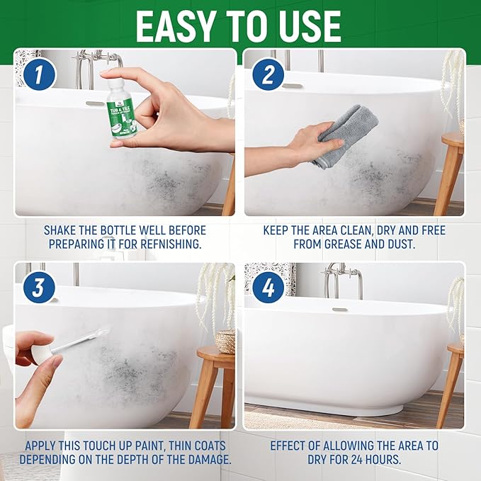 Tub and Tile Touch Up Paint Kit - High-Gloss White Porcelain Paint for Scratches & Chips on Tubs, Tiles, Sinks, Toilets Bathtubs, Fiberglass White Repair Acrylic, Enamel Quick-Dry 1.5 Fl Oz