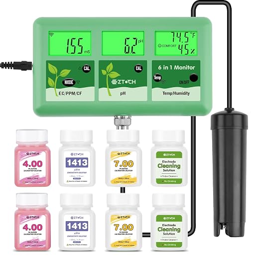 pH EC PPM Monitor for Water Hydroponic with Calibration Solution, 6 in 1 pH EC TDS Continuous Monitor with pH 4.0 7.0 & EC 1413μS/cm Calibration and Probe Cleaning Solution for Water, Pool, Aquarium