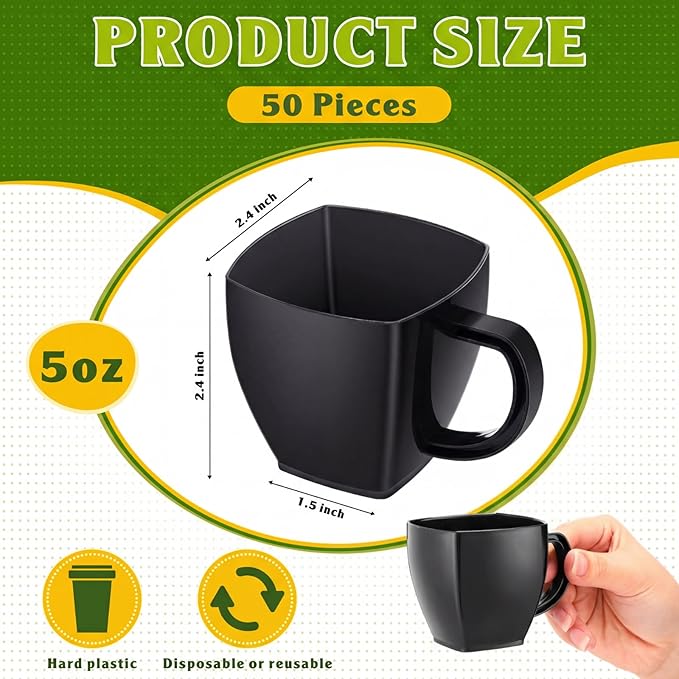 Amyhill 50 Pcs 5 oz Disposable Tea Cups Bulk with Handle Mini Hard Plastic Coffee Mug Square Disposable Espresso Cups for Tea Party Wedding Catering Dessert Sampling (Black)