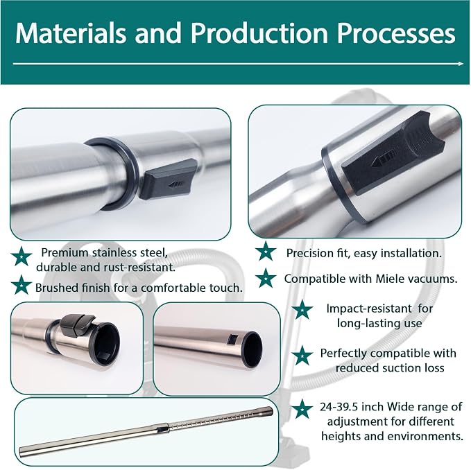 1-3/8" (35mm) Stainless Steel Vacuum Extension Wand Compatible with Miele C1, C2, C3,S4,S5,S8,S10 etc, Extends Up to 39.5" (39inch)
