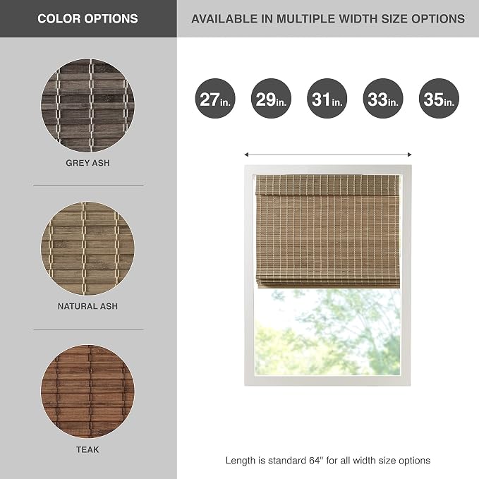 Madison Park Eastfield 100% Bamboo Cordless Roman Shades-Woven Wooden Privacy Panel, Light Filtering Easy Installation Window Blind Treatment, Bedroom, Living Room Decor, 35" W x 64" L, Natural Ash
