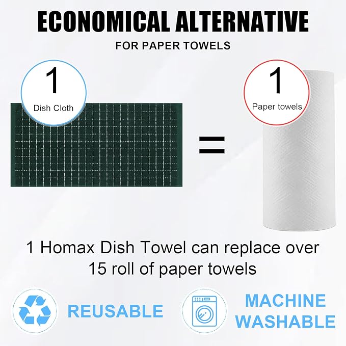 Homaxy 100% Cotton Terry Kitchen Towels(Blackish Green, 13 x 28 inches), Checkered Designed, Soft and Super Absorbent Dish Towels, 12 Pack