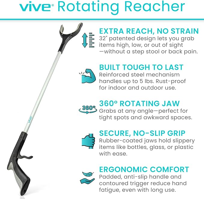 Vive Reacher Grabber 32" - Extra Long Mobility Aid - Rotating Hand, Heavy Duty Grip Arm - Reaching Assist Tool for Trash Pickup, Litter Picker, Garden Nabber, Disabled, Handicap Arm