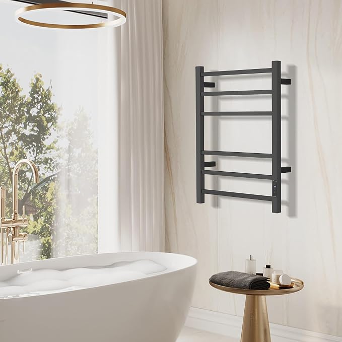 Electric Heated Towel Warmer - Wall Mounted Bathroom Towel Rack, Plug-in Design & Brushed Stainless Steel Finish Black Timer & Temperature Control, 6 Bar