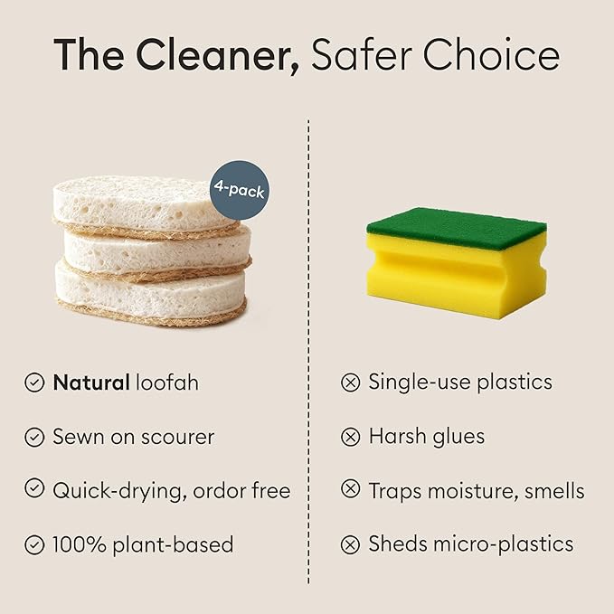 Vove Scrub Sponges 4 Pack, Cellulose & Cotton with Natural Loofah, Eco-Friendly Loofah Dish & Kitchen Sponges, Bathroom Scrubbing Pads, FSC-Certified Packaging
