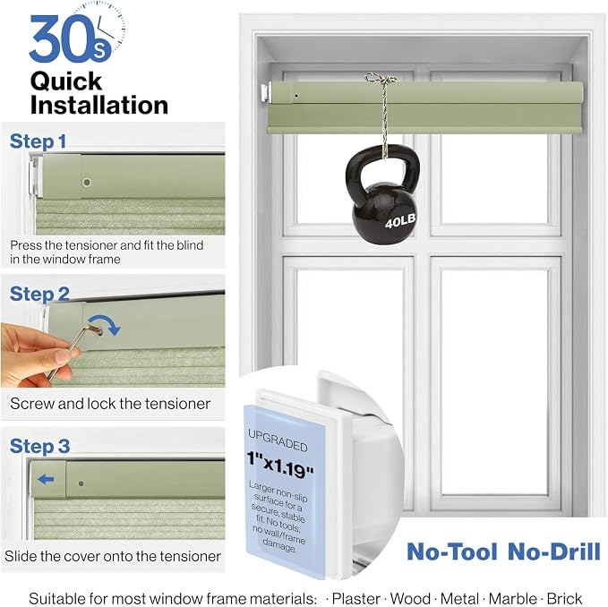No Drill Cellular Shades, Sage Custom Size Cordless Light Filtering Pull Down Pleated Honeycomb Blind Thermal Insulated Easy Install for Indoor Window Bedroom Living Room Kitchen Door
