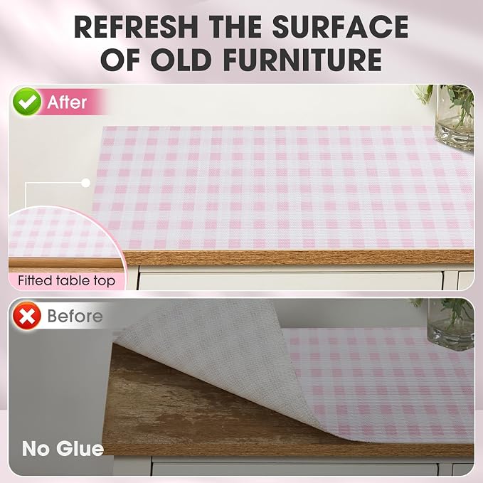 Drawer and Shelf Liner, Non-Slip Kitchen Cabinet Liners Non-Adhesive Thick Strong Grip Waterproof Washable Mats Protect Dresser Shelves Cupboard Bathroom Cabinets, Pink Plaid, 12 in X 20 FT